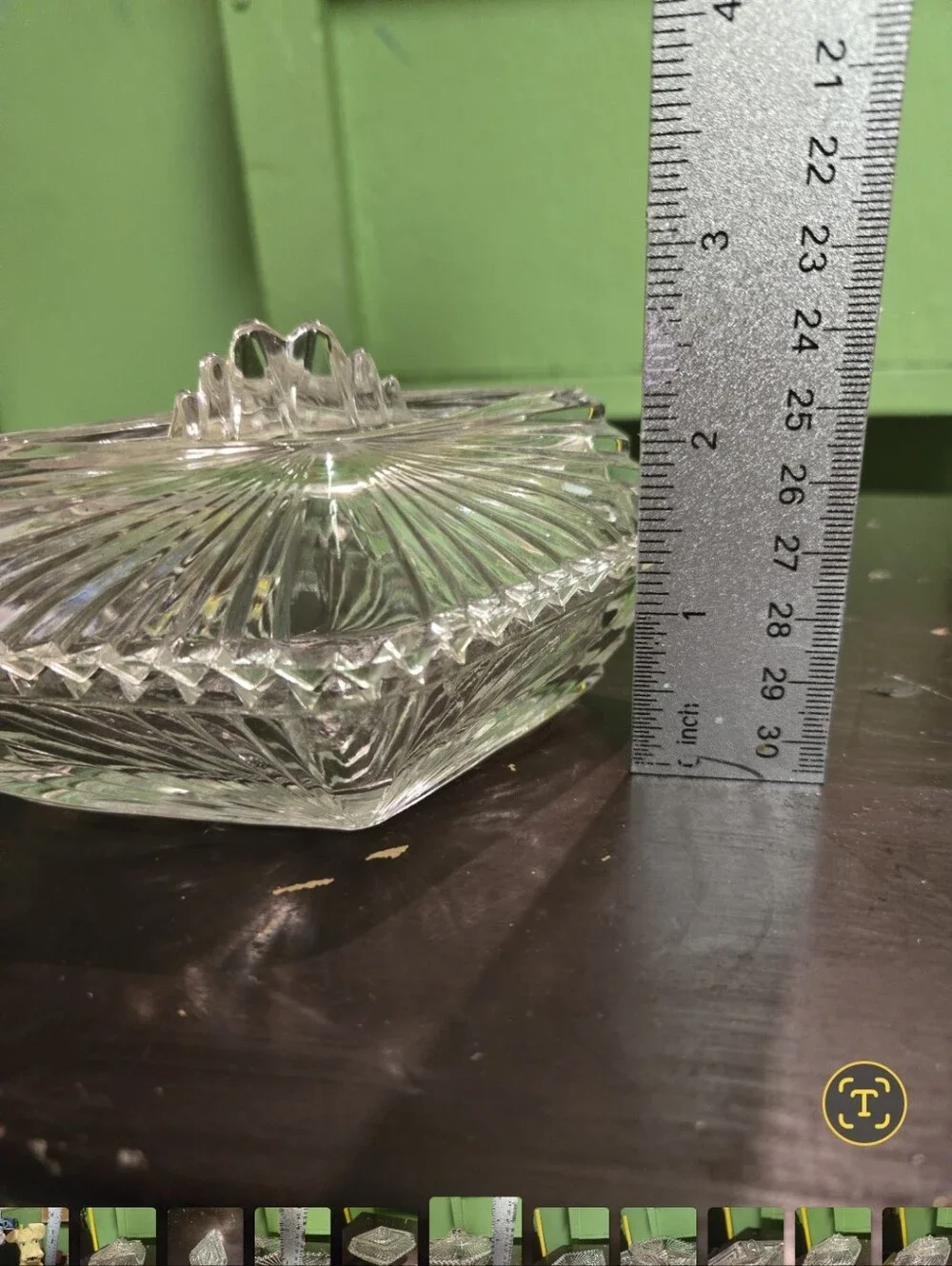 vintage Art Deco diamond-shaped ribbed glass lidded trinket with sawtooth edge.